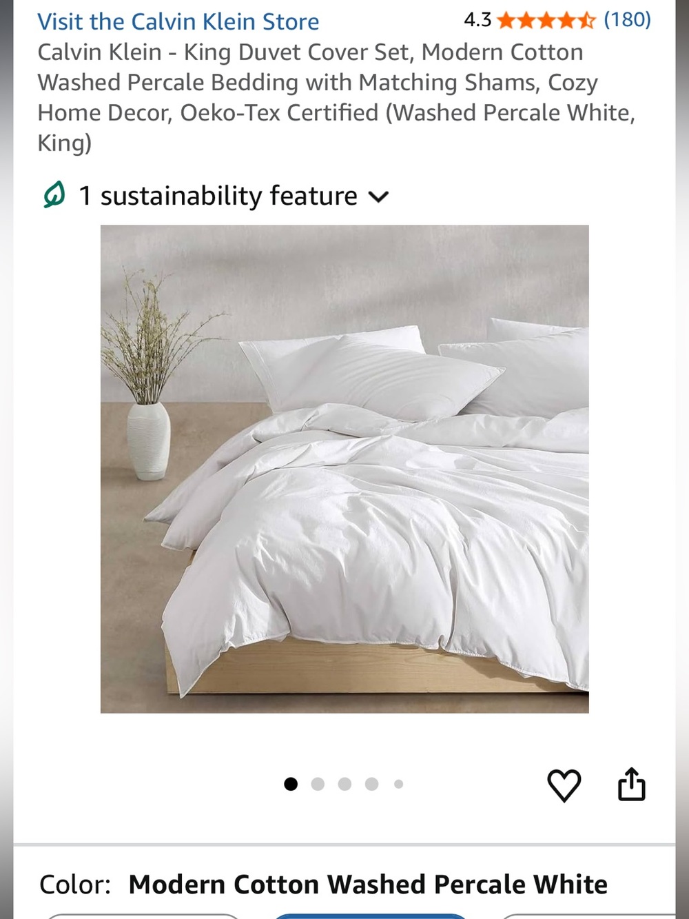 NEW Calvin Klein King Duvet Cover Set - Modern Cotton Washed Percale White